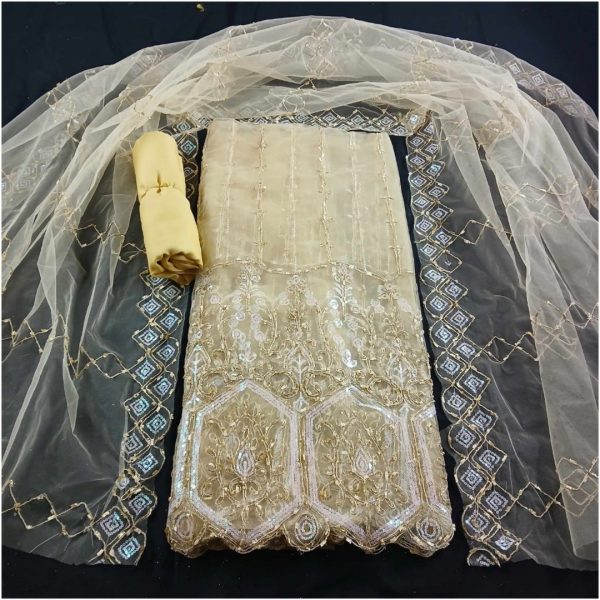 নেট ফোর পিস/থ্রী পিস  | Creamy Golden Net Four Piece | Three Piece